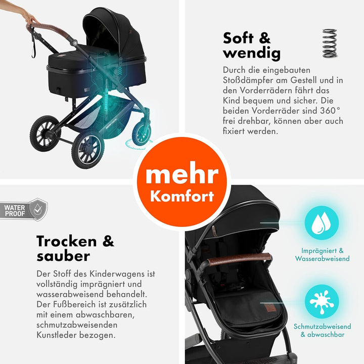 Daliya® FLEXI-PRO M 2in1 Kinderwagen & Buggy (Schwarz Uni), Schwarz Uni