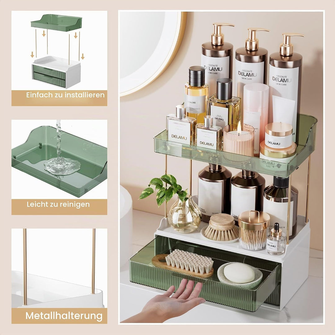 Delamu Make Up Organizer mit 2 Schubladen, 2 Etagen Kosmetik Organizer, Multifunktions Grösser Kosme