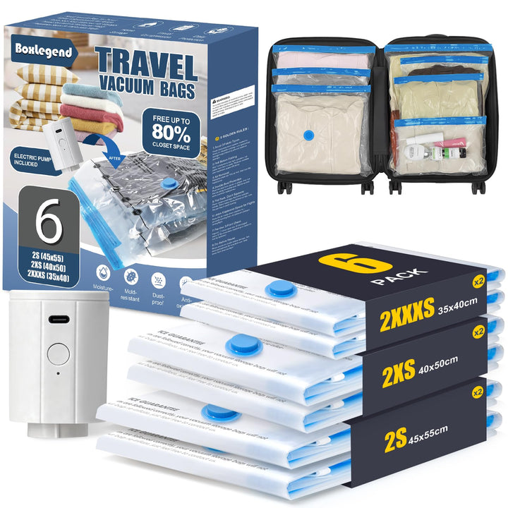 BoxLegend Reise Vakuumbeutel mit Elektropumpe 6 Stück Vakuum Aufbewahrungsbeutel 2S+2XS+2XXS Vakuum