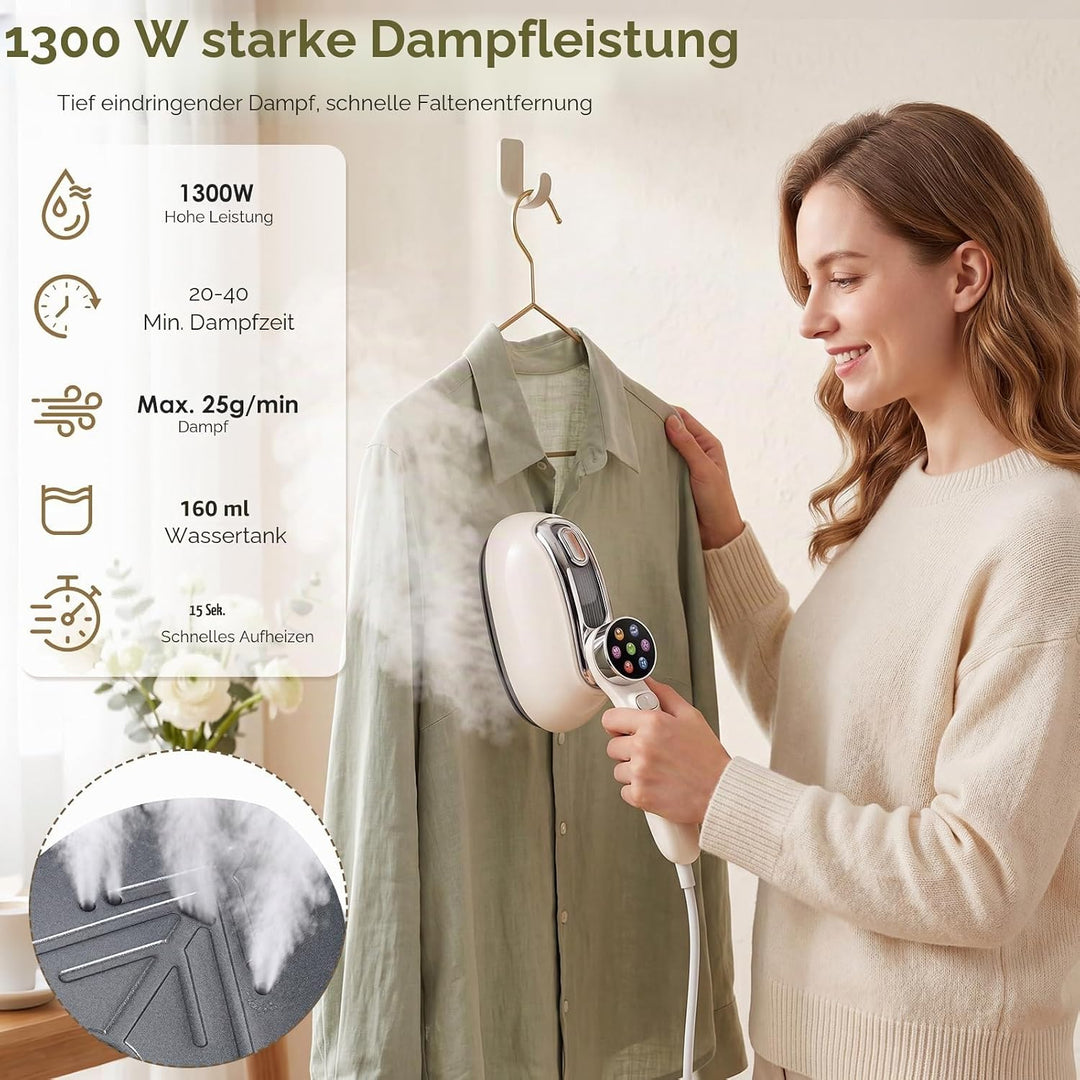 Dampfglätter, 2 IN 1 1300W Reisedampfglätter mit 6 Dampfstufen, LED-Anzeige und 180° Drehbarem Griff