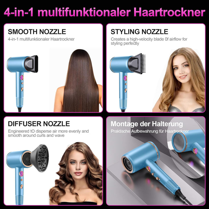 Tisoutec Föhn,Fön,Haartrockner Profi Ionen mit AC Motor 2400W Reisefön Diffusor|Haarfön 4-in-1|Heiss