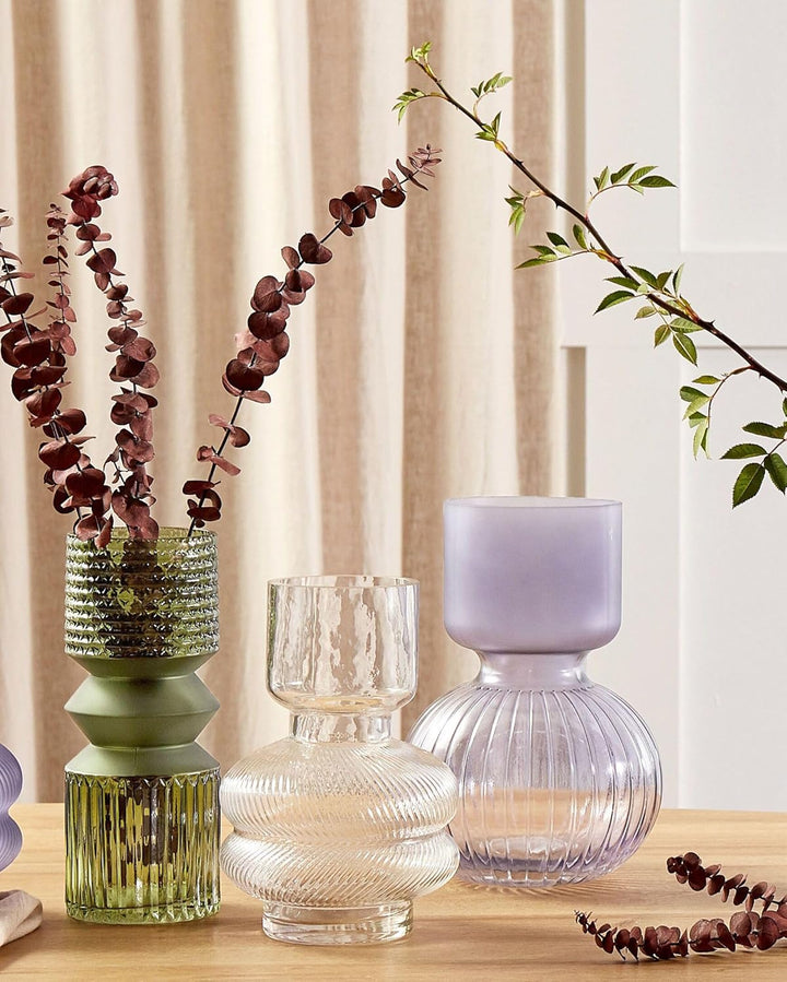 Deko Blumenvase Glas violett 26 cm bauchig mit Rillen schmalem Hals Thetidio