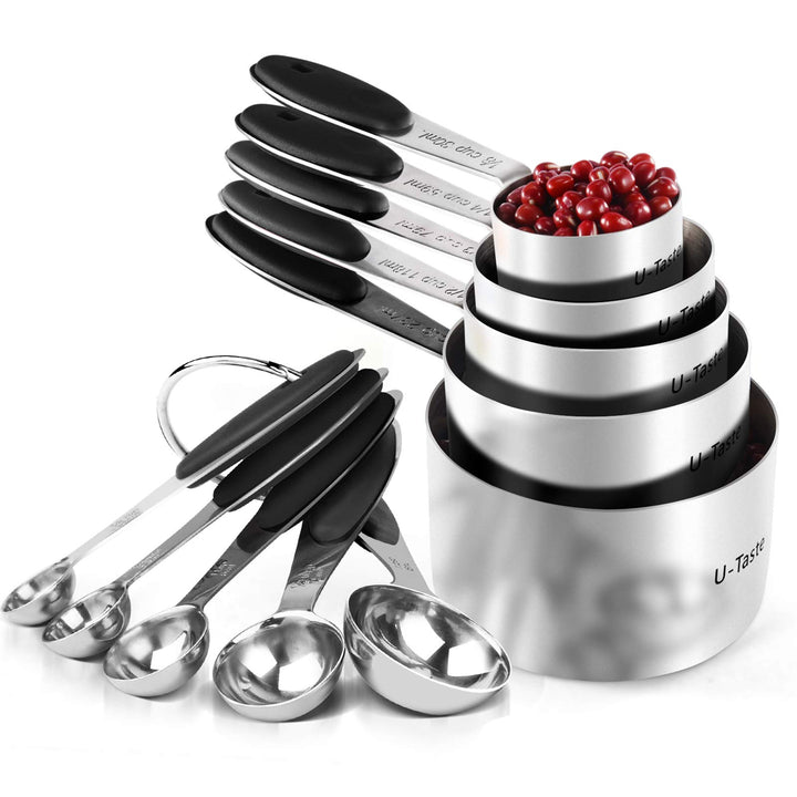 U-Taste Messbecher 18/8 Edelstahl Messbecher und Messlöffel Set mit 10 Stück, Griff mit Verbesserter