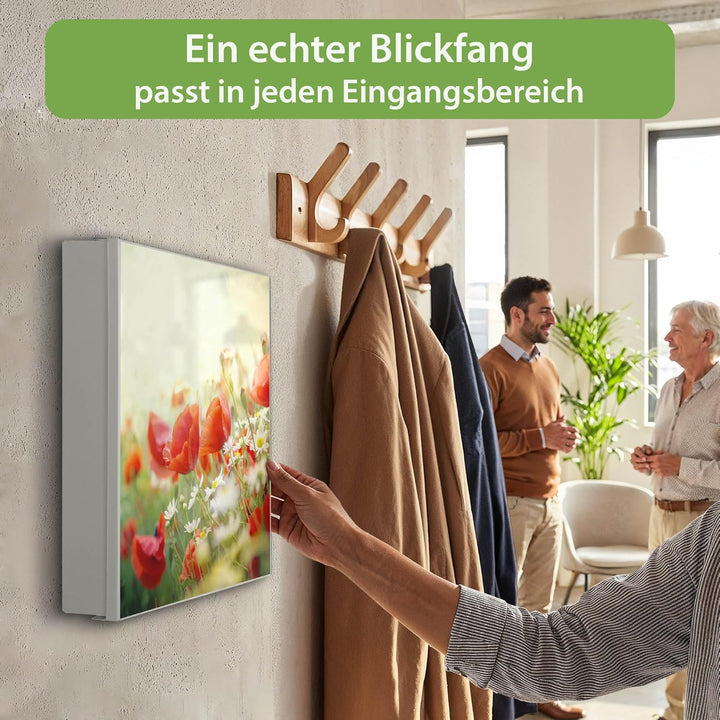 banjado® Grosser Schlüsselkasten Glas/Schlüsselbox 30cm x 30cm mit 50 Haken - Motiv Kamille Und Mohn