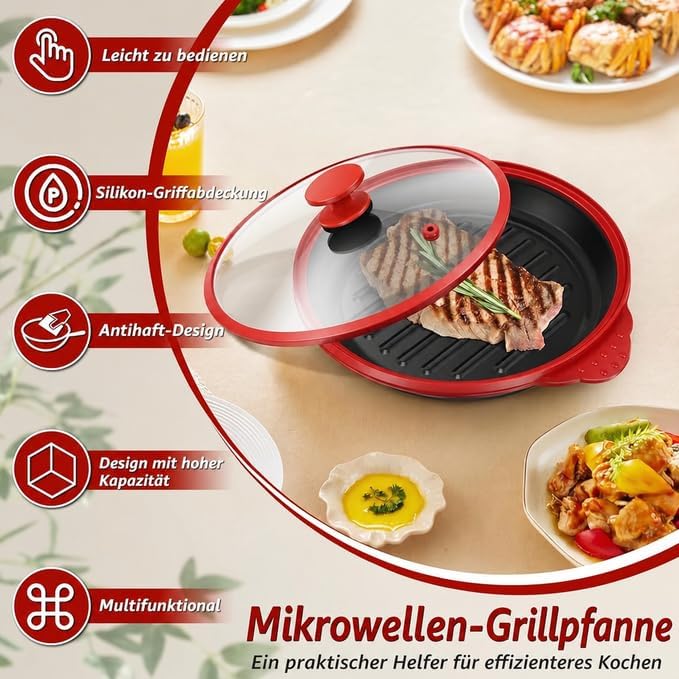 Mikrowellen Grillpfanne mit Deckel,Sicher Microwave Grill Pan mit Verbrühungsschutz und Antihaft,gle