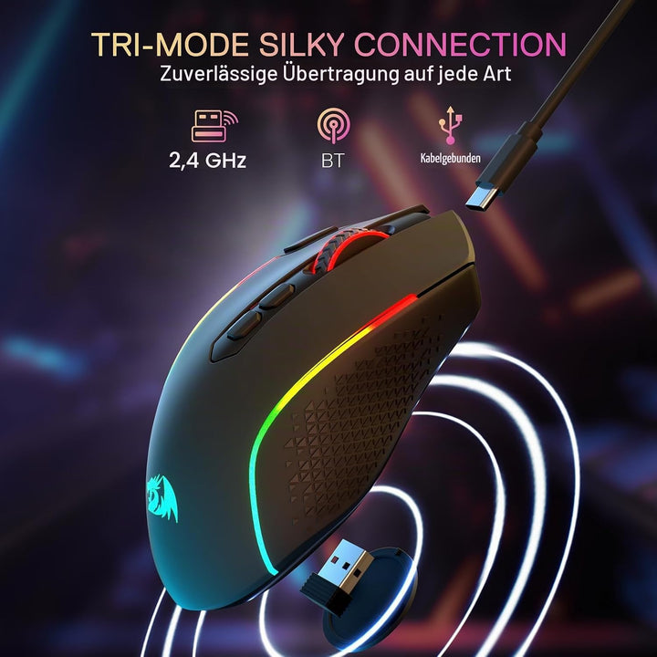 Redragon M810 MAX 3-Modus-Funk-Gaming-Maus, 12000 DPI kabelgebundene/kabellose RGB-Maus mit Schnellf