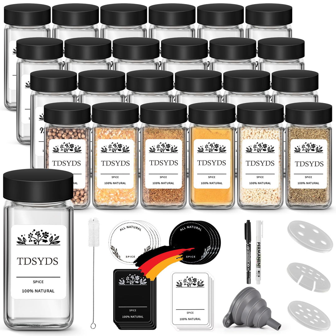 TDSYDS 24 Gewürzgläser Eckig mit Streueinsatz,Edelstahl Schwarz Deckel Gewürzdosen Set 120ml,Gewürzs