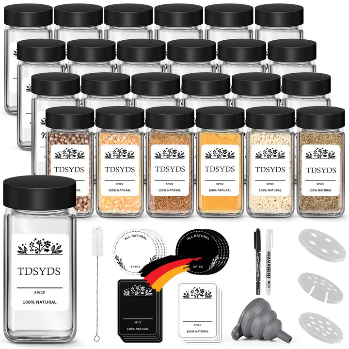 TDSYDS 24 Gewürzgläser Eckig mit Streueinsatz,Edelstahl Schwarz Deckel Gewürzdosen Set 120ml,Gewürzs