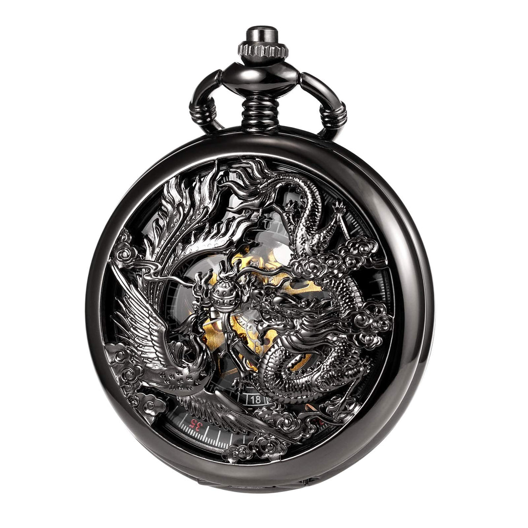 TREEWETO Unisex Retro Taschenuhr Herren mit Kette analog Handaufzug Drache Phönix Skelett Römische S