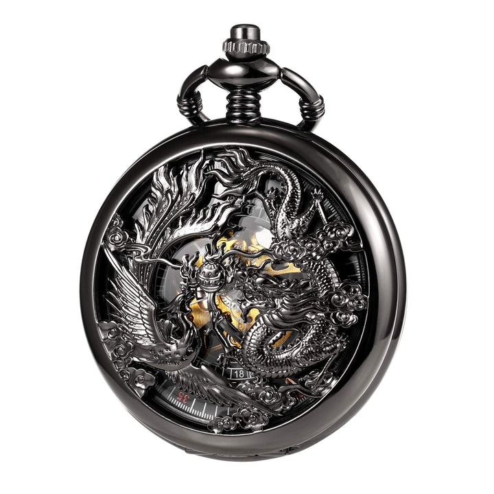 TREEWETO Unisex Retro Taschenuhr Herren mit Kette analog Handaufzug Drache Phönix Skelett Römische S