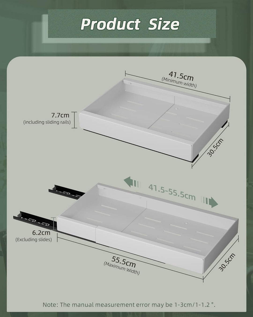 NETEL Teleskopschublade Ausziehbarer Schubladen Organizer Breite 30.5cm，Einstellbare Tiefe 42-55cm f