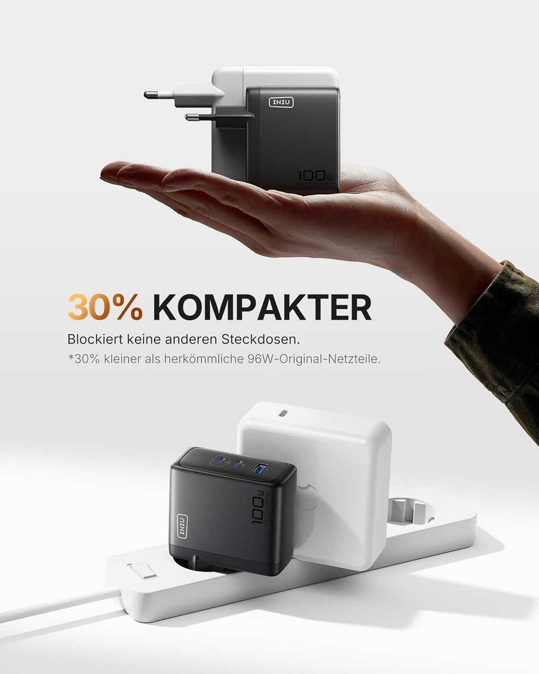 INIU 100W USB C SchnellLadegerät, (GaN Ⅲ) 3 Ports Laptop Netzteil PD PPS ladegerät Fast Charger, Kom