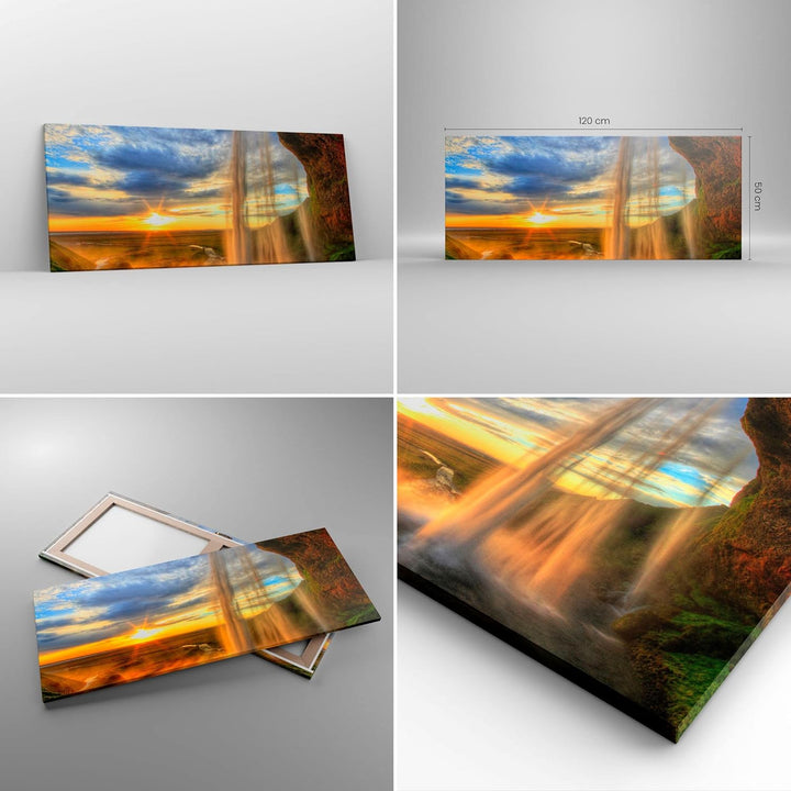 Wandbilder Dekoration Wohnzimmer Wasserfall Natur Park Sonne Panorama Bilder auf Leinwand 120x50cm L