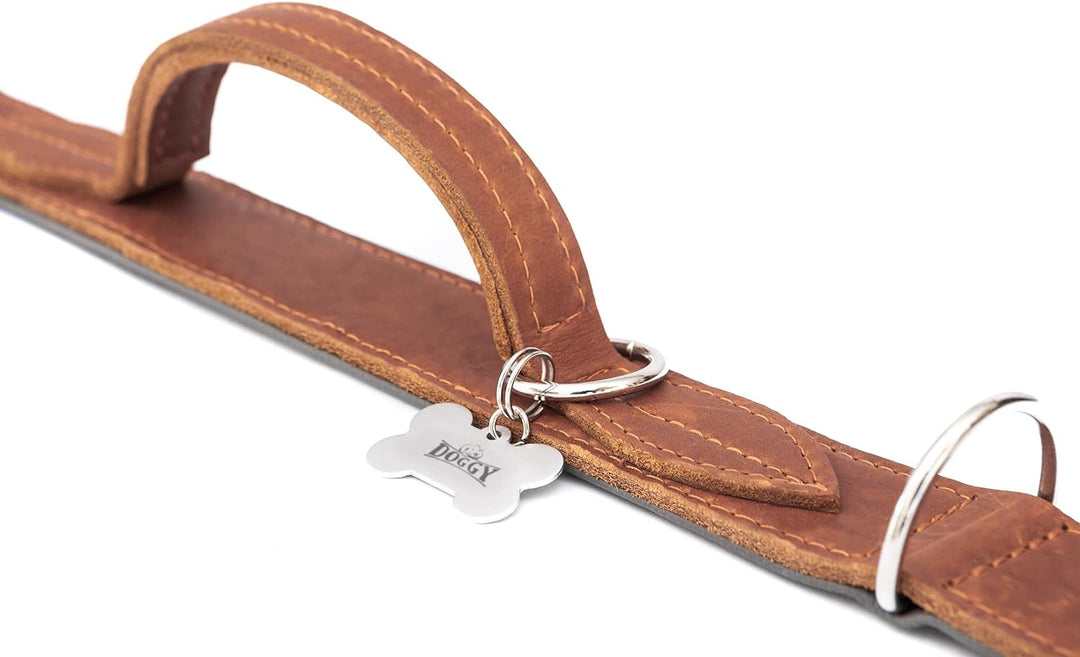 Hundehalsband Leder mit Griff, Lederhalsband Hund, Halsband, Metallschnalle, Hell Braun, 47-54 cm, H