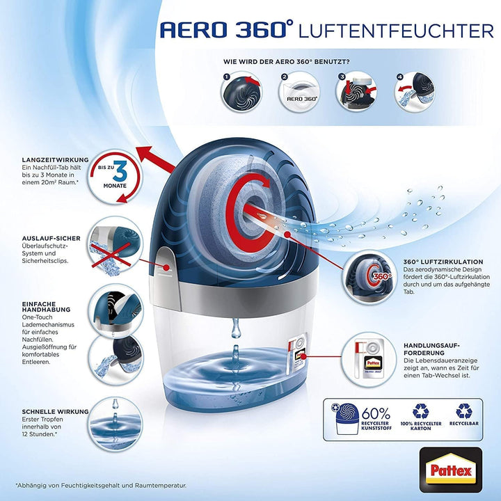 Pattex Luftentfeuchter Stop Feuchtigkeit AERO 360°, hocheffizienter Raumentfeuchter, nachfüllbar, re