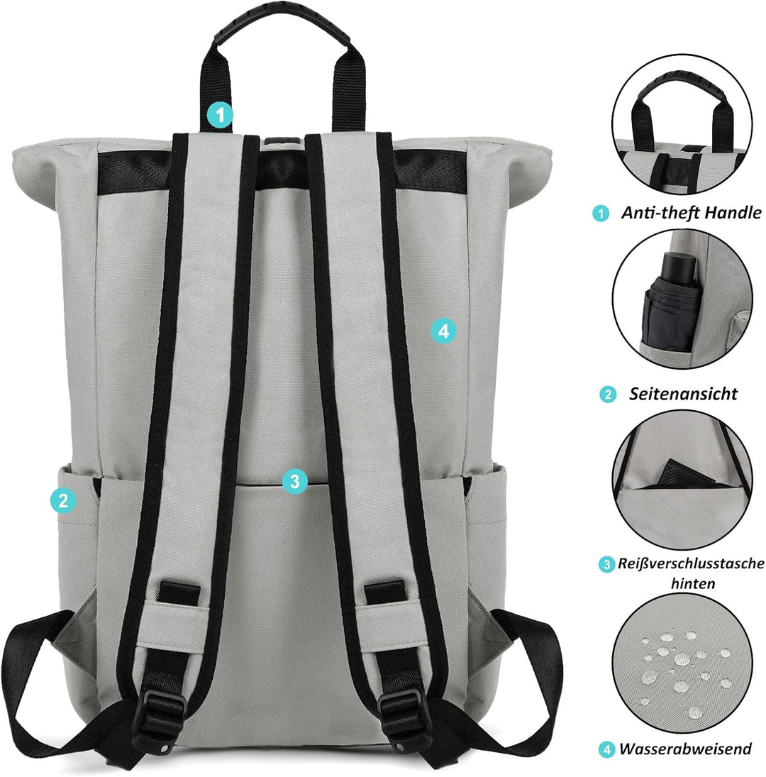 TANTOMI Rucksack Damen Herren, Rucksack Laptop Tasche 15,6 Zoll, Laptop Rucksack Damen Herren weit ö
