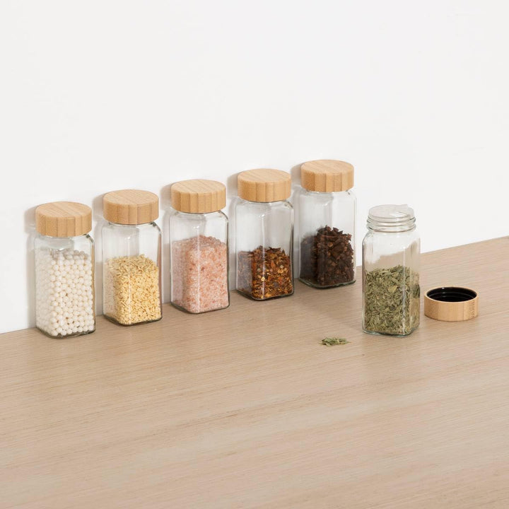 5Five – Set aus transparenten Glas- und Bambus-Gewürzdosen – Gewürzorganizer