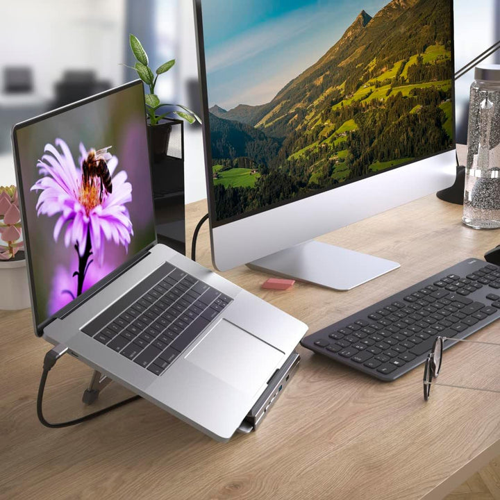 Hama USB C Hub Docking Station mit Laptop-Ständer 12 Ports (4X USB A, 2X HDMI, 3X USB-C, 1x DisplayP