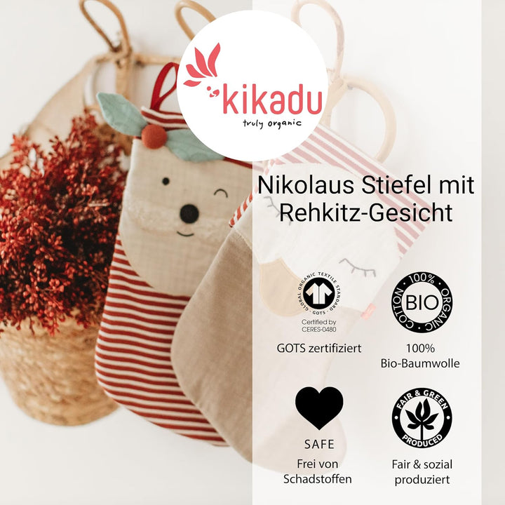 kikadu Nikolausstiefel - Aus 100% GOTS zertifierter Bio-Baumwolle, mit besticktem Nikolausgesicht, z