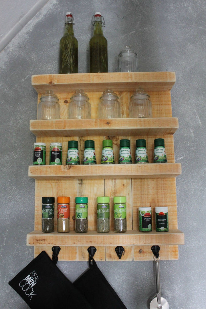 Dekorie Gewürzregal aus Holz für die Wand - Natur - 4 Stellflächen - 65 x 50 x 12 cm - Massivholz, N