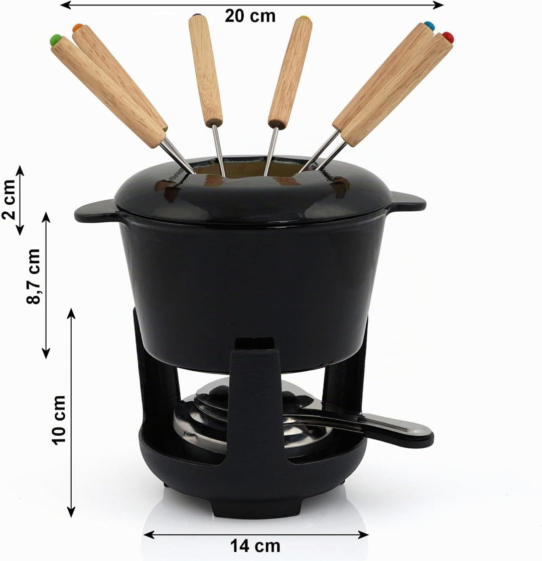 BBQ-Toro Gusseisen Fondue Set für 6 Personen | 1 Liter | Fondueset 13 teilig mit Brenner und Gabeln