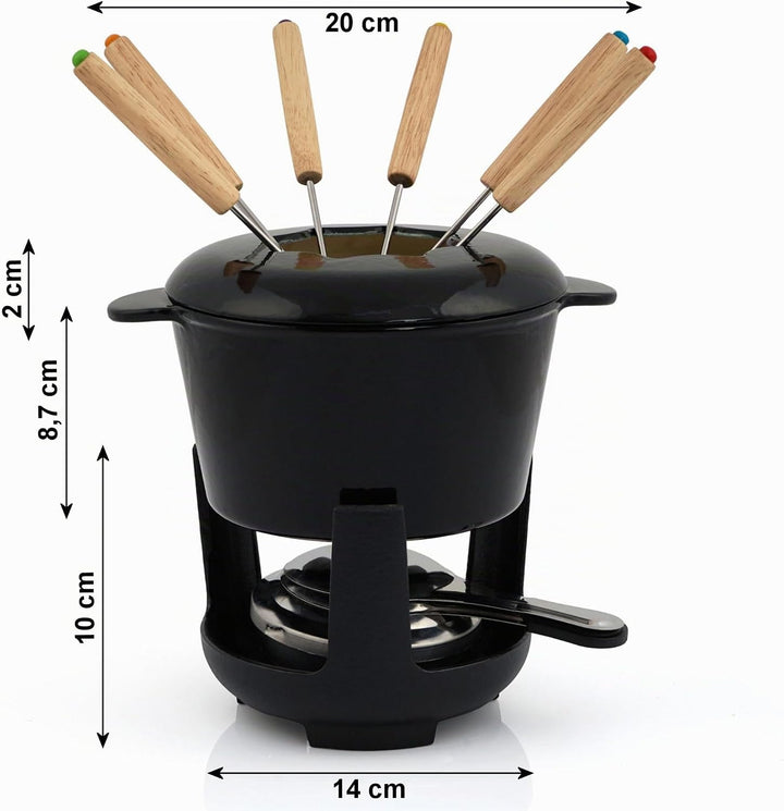 BBQ-Toro Gusseisen Fondue Set für 6 Personen | 1 Liter | Fondueset 13 teilig mit Brenner und Gabeln