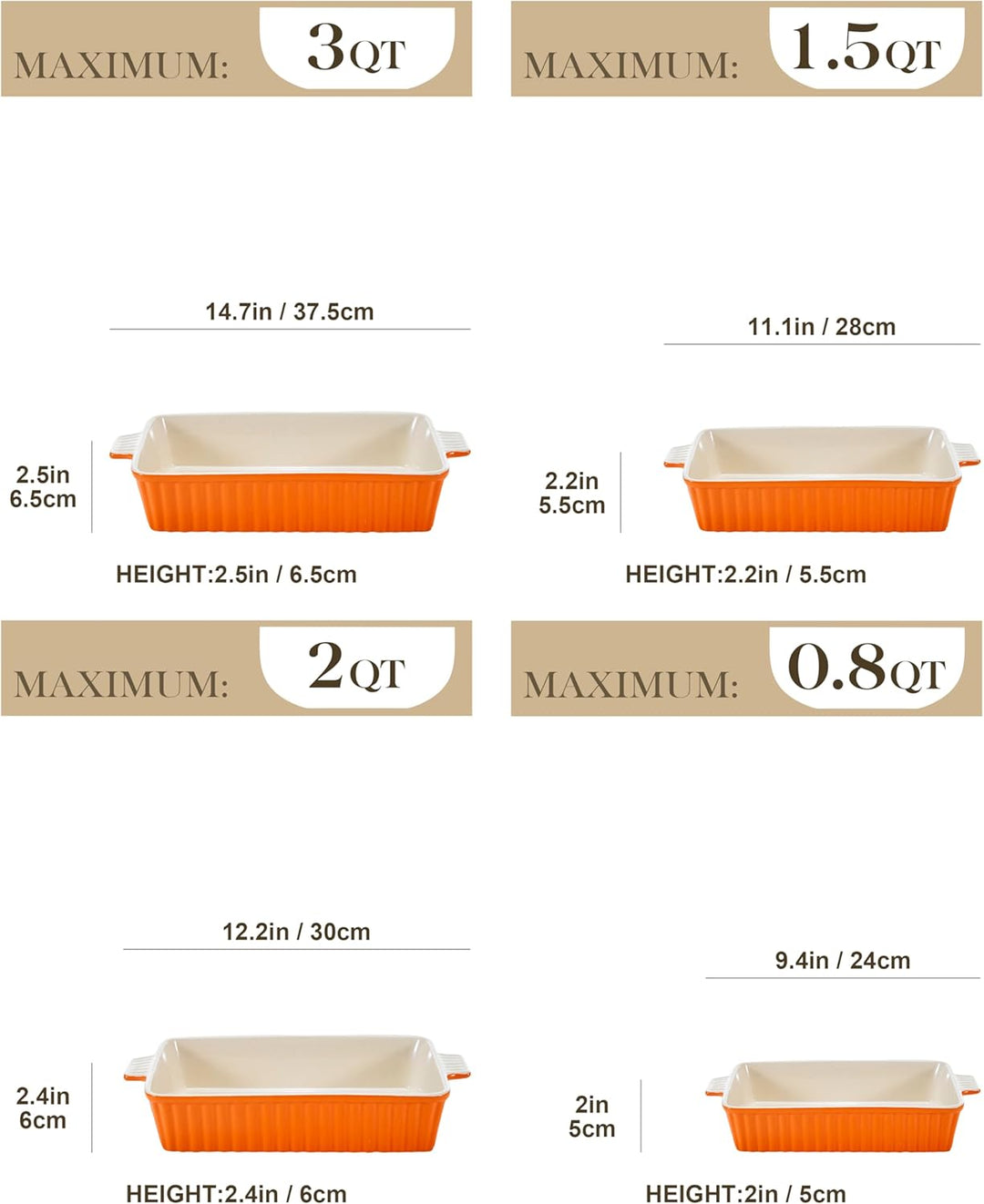 MALACASA Auflaufform, 4-teilig Set Gross & Klein Stapelbar Backformen (37, 30, 28, 24 cm) | Rechteck