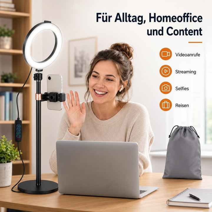 6 Zoll Ringlicht mit Stativ, LED Ring Light für Handy und Laptop | 3 Lichtfarben, 10 Helligkeitsstuf