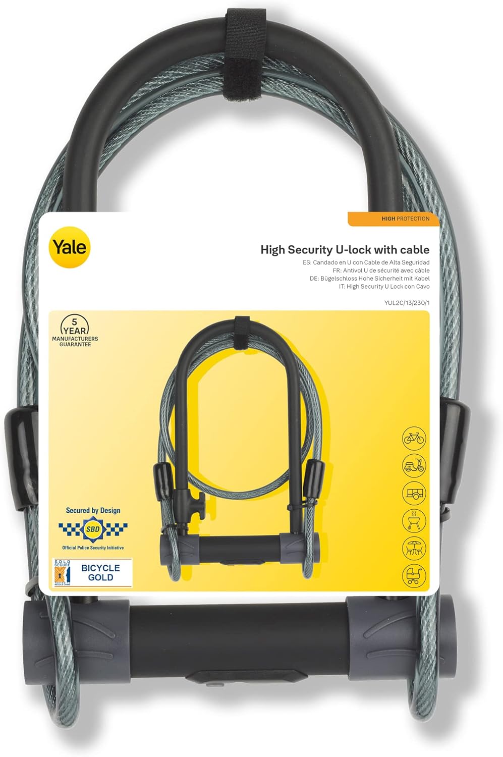 Yale High Security Bügelschloss mit Sicherheitskabel - YUL2C/13/230/1 - 230 mm - Ultra gehärteter Bü