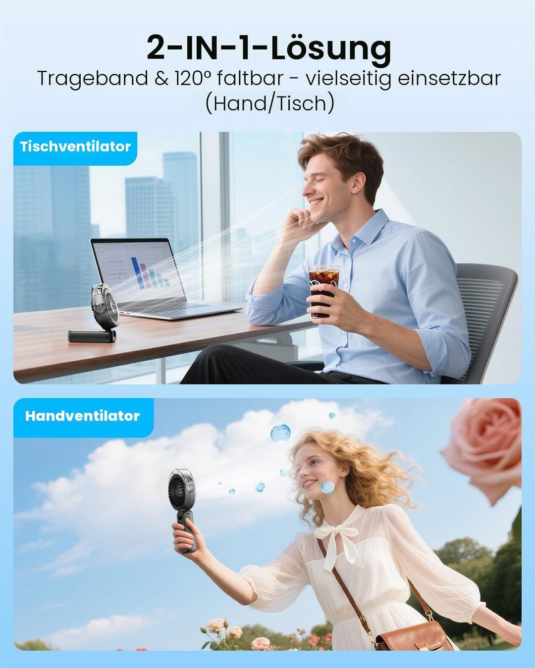Otlonpe Handventilator Mit Wasserkühlung, 4000mAh Hand Ventilator Akku Aufladbar Mit Wasser, Leistun