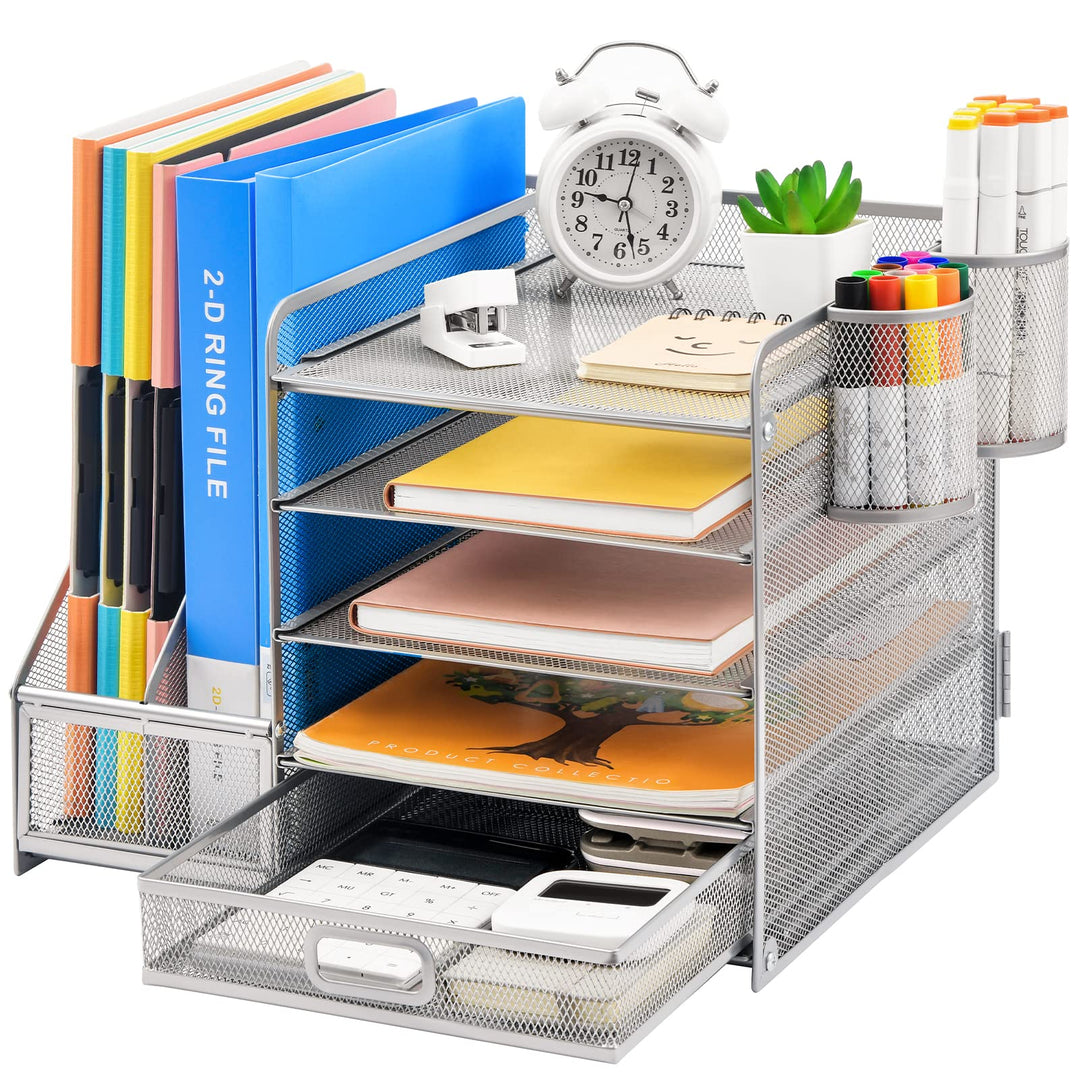 Marbrasse Schreibtisch Organizer mit Aktenhalter, 5 Ebenen Papier Briefablage mit Schublade und 2 St