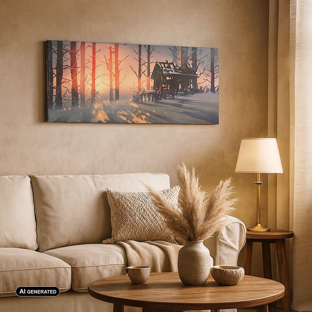 Panorama Bilder auf Leinwand Winter Wald Hütte Leinwandbild 90x30cm Wandbilder Dekoration Wohnzimmer