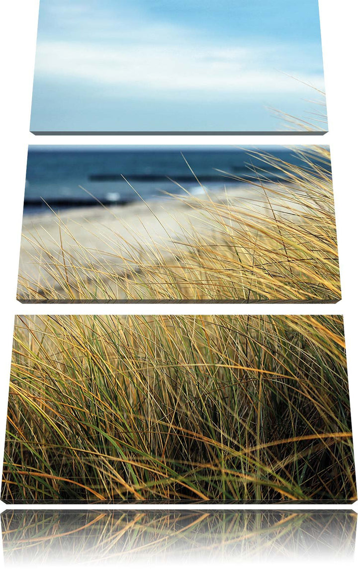 Pixxprint Sanddünen mit Schilfgras am Meer 3-Teiler Leinwandbild 120x80 Bild auf Leinwand