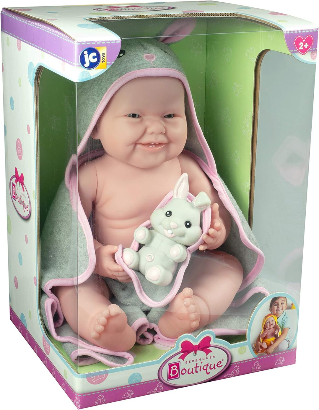 JC TOYS - La Newborn Neugeborene, 38 cm, weiches Vinyl, inkl. Handtuch mit Kapuze und Haustier, Hase
