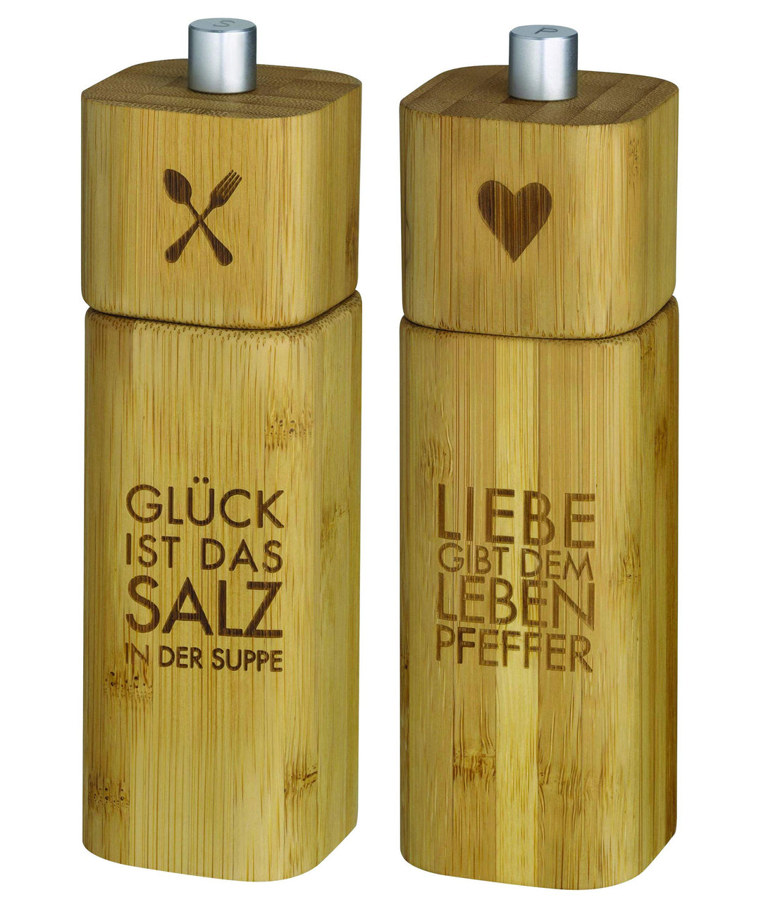 Salzmühle "Glück ist das Salz in der Suppe" + Pfeffermühle "Liebe gibt dem Leben Pfeffer" Natur, Nat