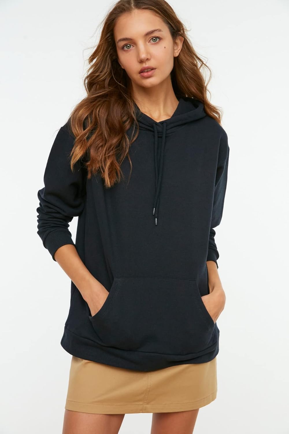 TRENDYOL Damen Kapuzen, Einfarbig Sweatshirt L Navy Blau, L Navy Blau