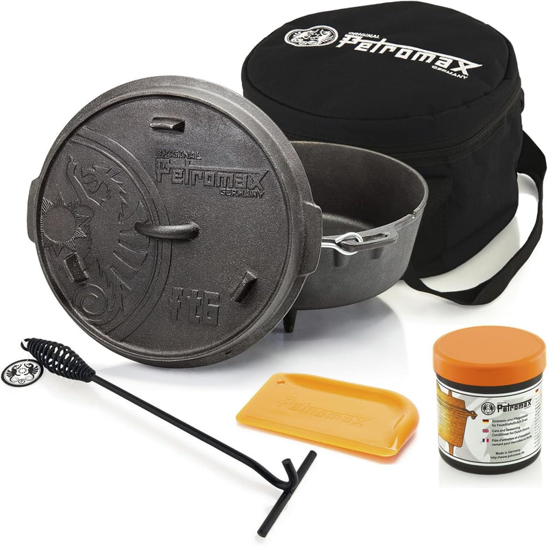 Petromax Feuertopf Starterset ft9-t (Dutch Oven Planer Boden) inkl. Deckelheber + Tasche + Pflegepas