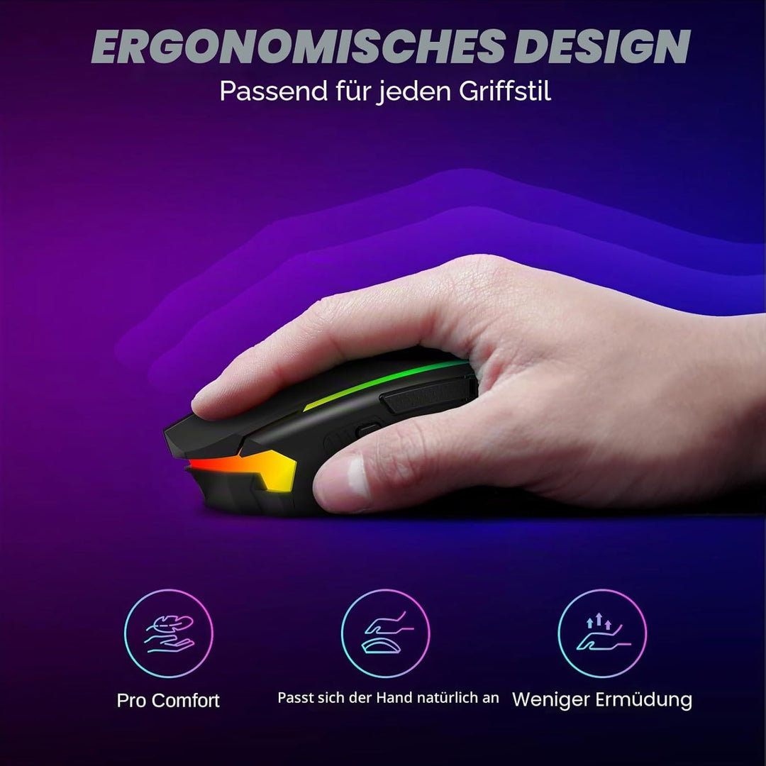 Redragon Gaming Maus Kabellose,RGB 2.4G/USB-C/Bluetooth Maus,Wiederaufladbare mit 9 Programmierbare