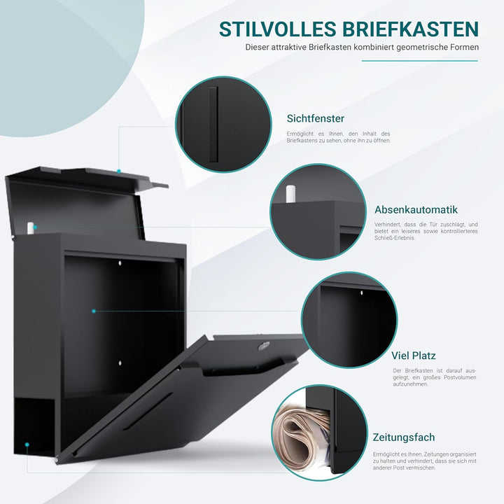 Bl4ckPrint Premium Briefkasten mit Zeitungsfach und Sichtfenster Anthrazit - Postkasten personalisie