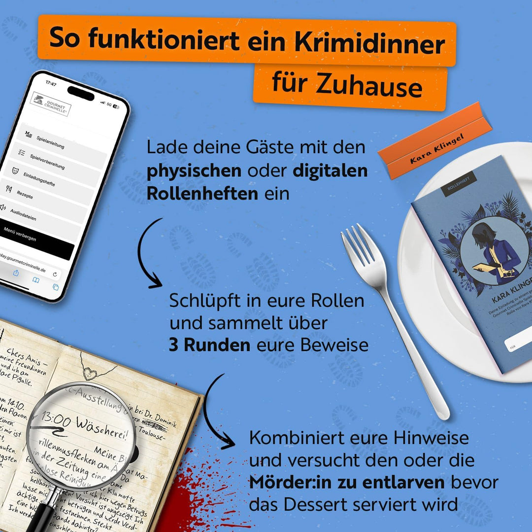 Gourmet Criminelle® Krimidinner für zuhause I 4-6 Personen I Mysteriöser Mordfall Hirschruf in den T