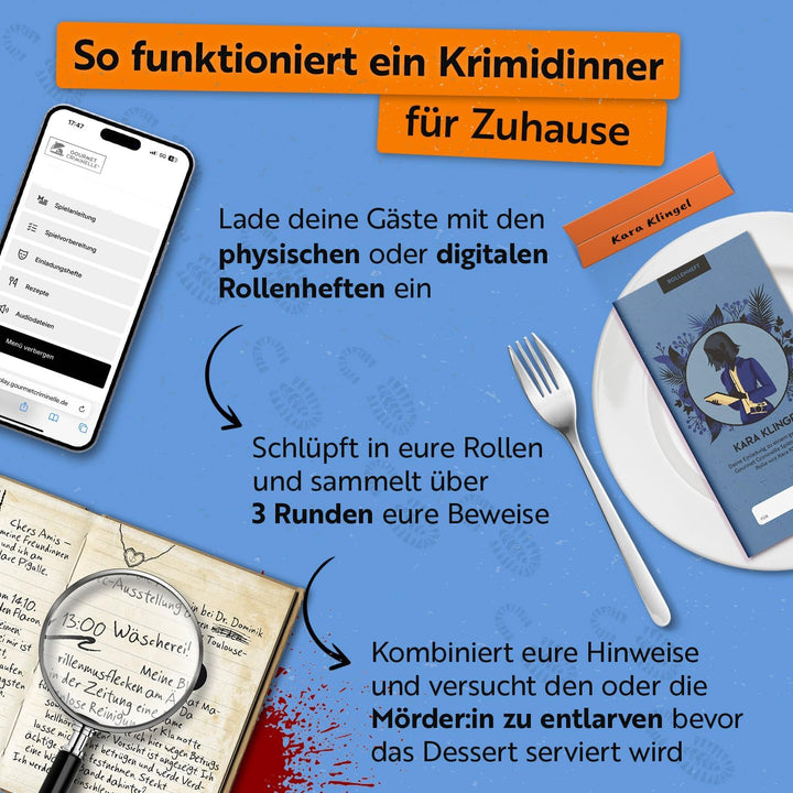 Gourmet Criminelle® Krimidinner für zuhause I 4-6 Personen I Mysteriöser Mordfall Hirschruf in den T