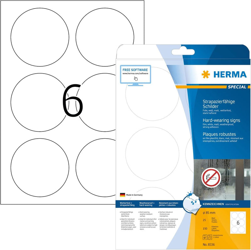 HERMA 8336 Wetterfeste Folienetiketten rund, 25 Blatt, Ø 85 mm, 6 Stück pro A4 Bogen, 150 Aufkleber,