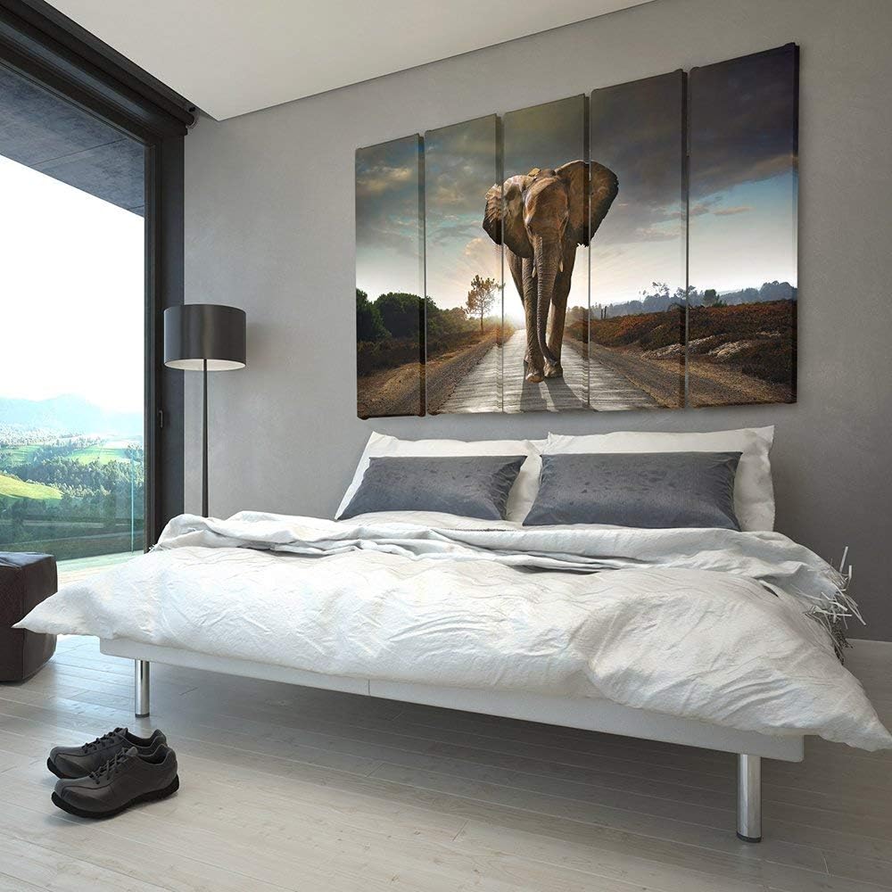 Feeby Frames, Leinwandbild Bilder Wand Bild - 5 Teile - Wandbilder Kunstdruck (Elefant, BRAUN) 200x1