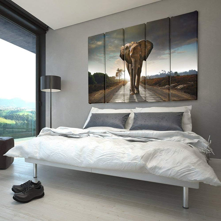 Feeby Frames, Leinwandbild Bilder Wand Bild - 5 Teile - Wandbilder Kunstdruck (Elefant, BRAUN) 200x1