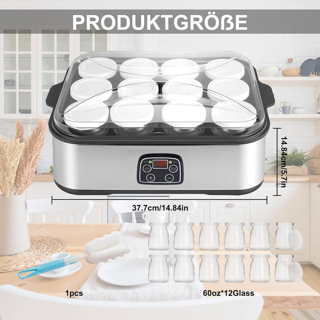 Joghurtbereiter 25W inkl 12 Glasbehälter à 180 ml Gesamtkapazität 2160 ml Digitaler Yogurt Maker mit