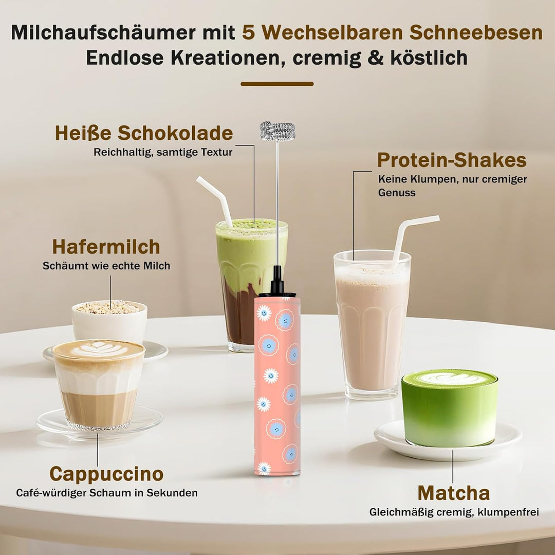 Milchschäumer Elektrisch USB-C mit 5 Wechselbaren Edelstahl-Schneebesen–2 Einstellbare Geschwindigke