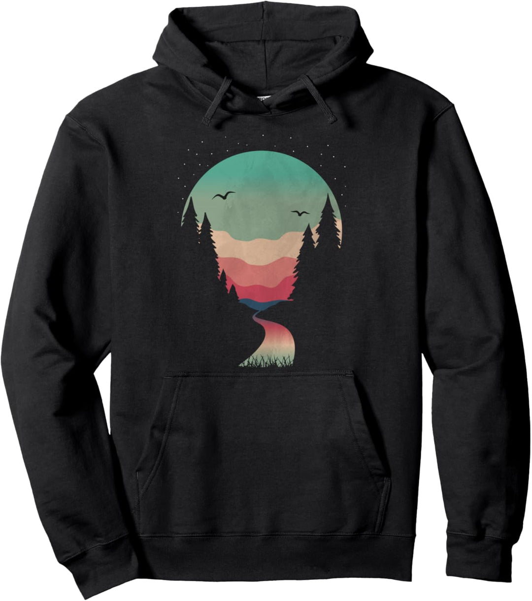 Camping hiking Mountain stream Scene retro vintage Pullover Hoodie