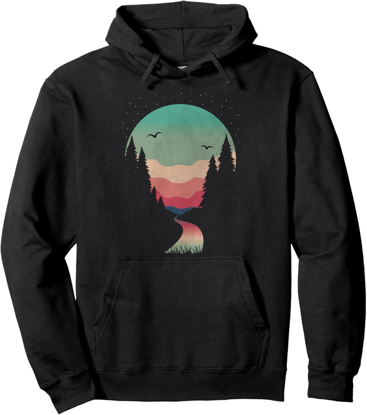 Camping hiking Mountain stream Scene retro vintage Pullover Hoodie