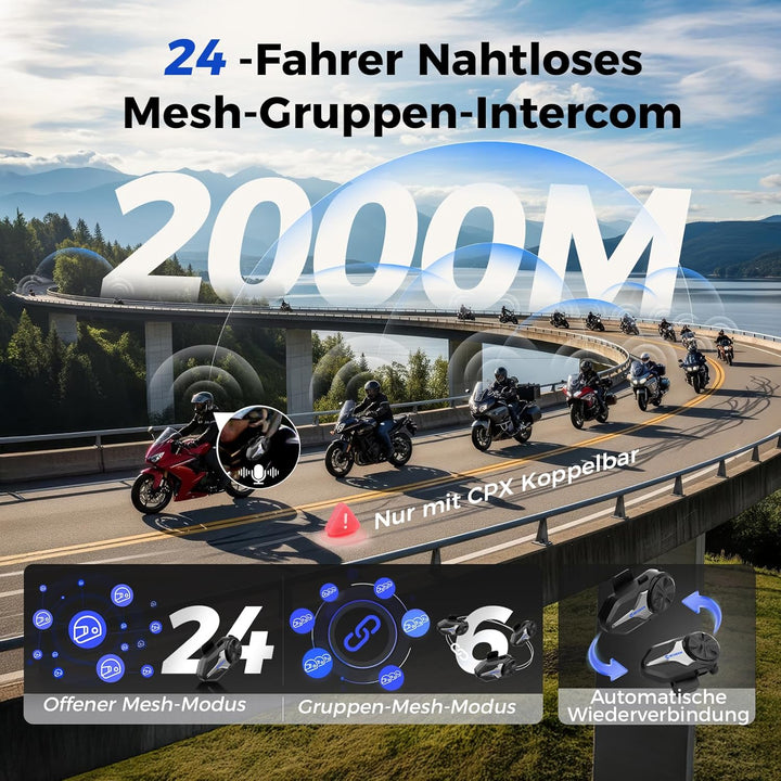 Moman CPX Motorrad Headset - 24 Motorräder Mesh Intercom, Helm Kommunikationssystem 2000M mit Multit