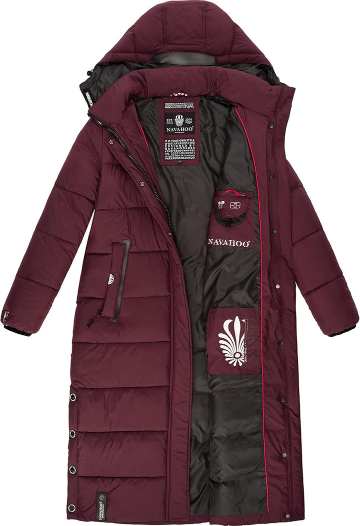 Navahoo Damen Wintermantel Warmer Steppmantel lang mit Abnehmbarer Kapuze Isalie XS-3XL XL Wine, XL